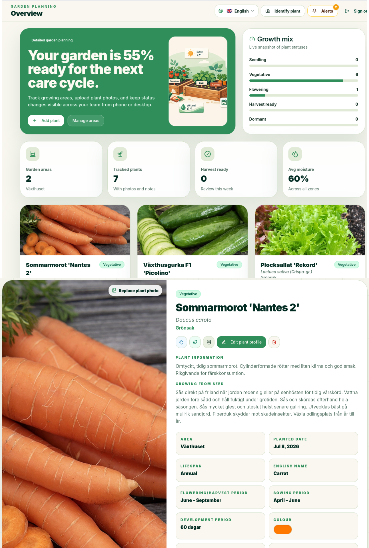 OlsGrow garden planning dashboard with plant details